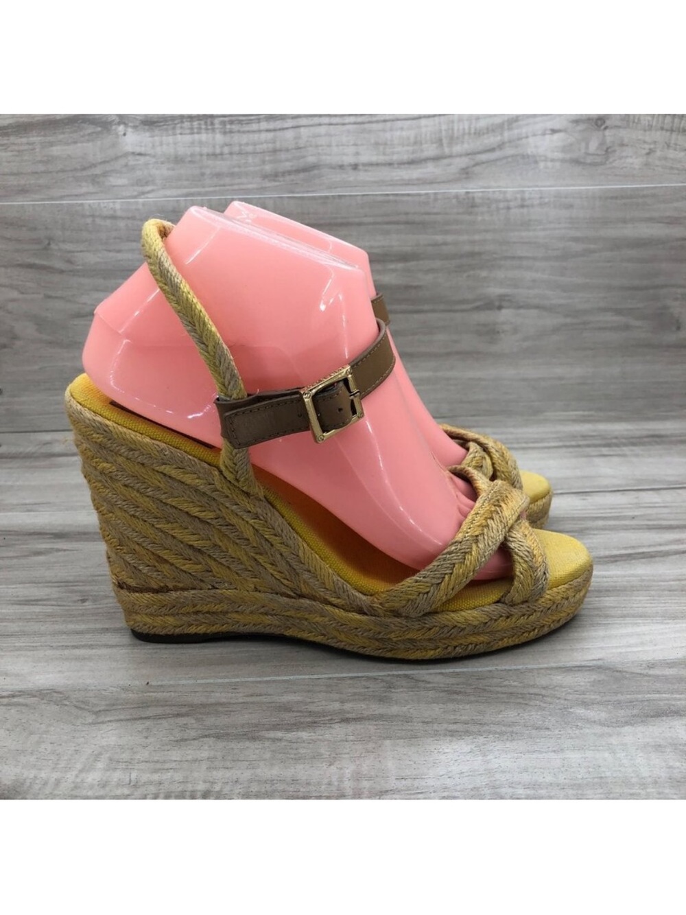 Tory Burch Wedge Sandals Womens 8M Camelia Yellow Tan Espadrille Buckle Strap
